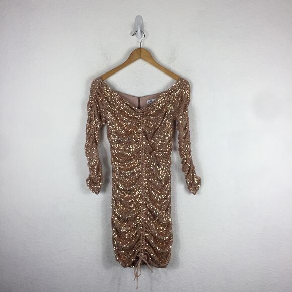 Zara Rose Gold Sequin Long Sleeve Ruched Mini Dress Small Cocktail Off Shoulder - Picture 3 of 16